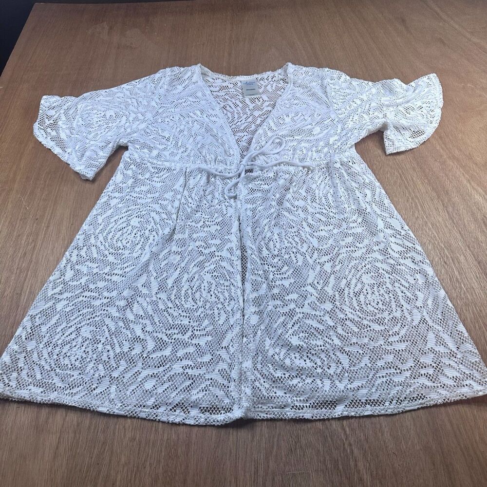 Catalina Swim Cover Up Womens L White Lace Sheer Kimono Tie Fronts